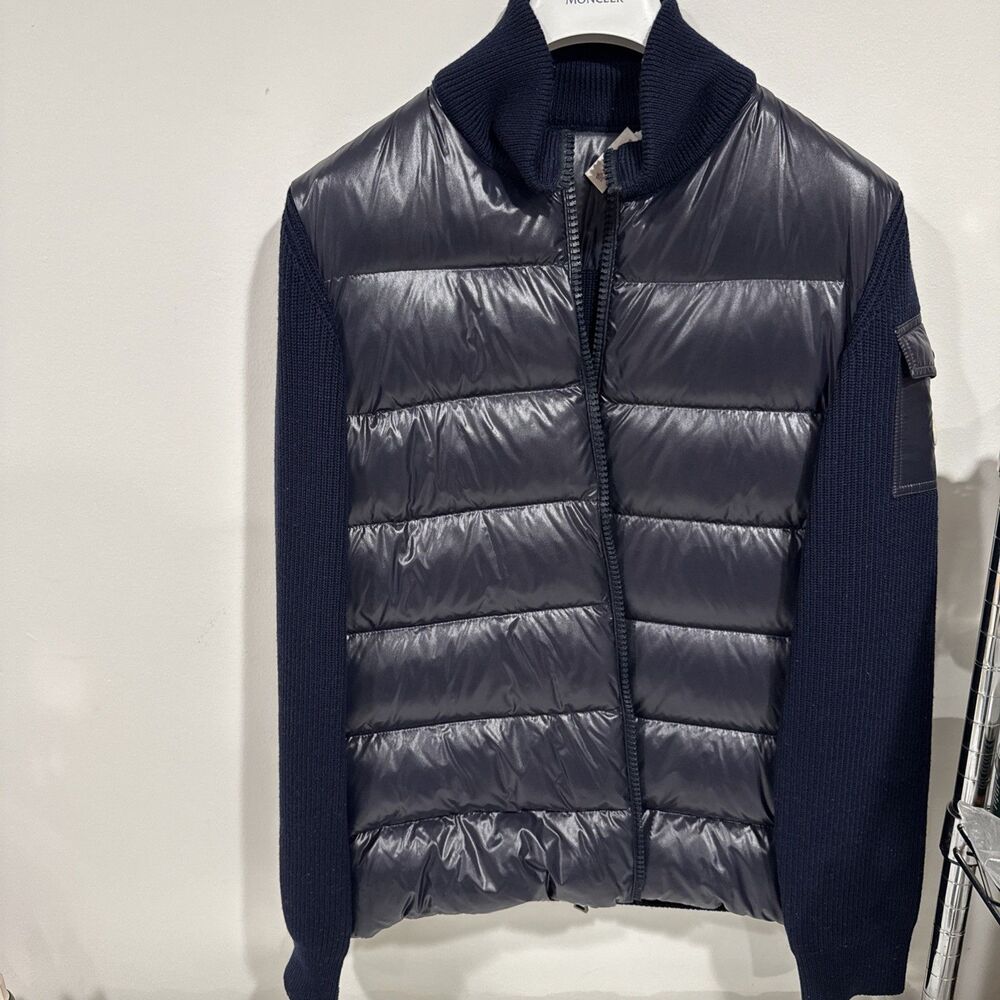 MONCLER CARDIGAN TRICOT Knit-Trimmed Down Jacket Navy Size L Women